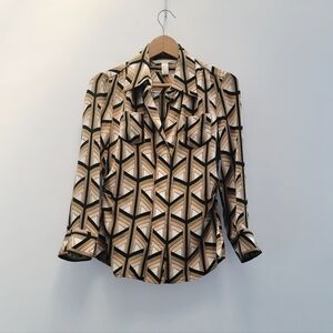 Diane Von Furstenberg Retro Geometric Print Silk Blouse Size 8 Neutral Tan Brown